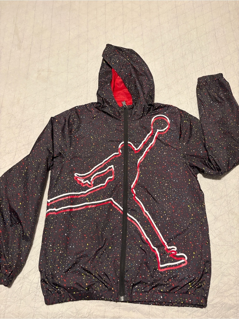 Jordan Black Hooded Raincoat with Red Lining and Multicolor Speckle